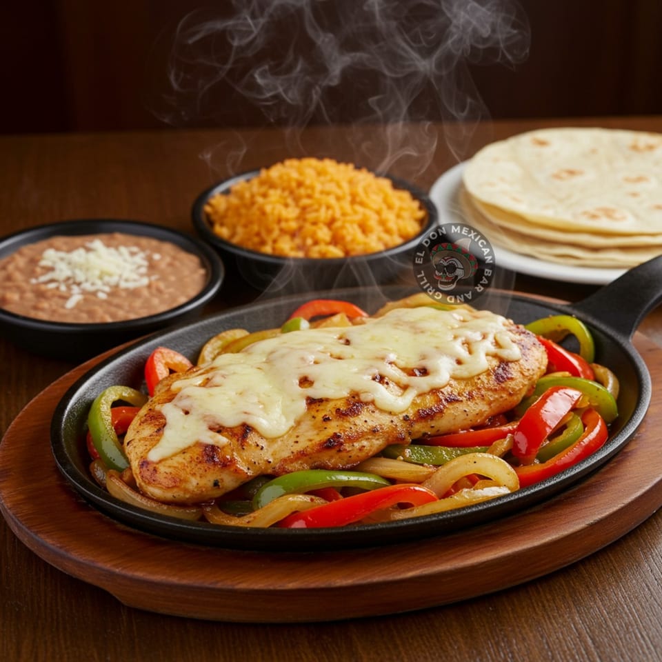 Sizzling chicken fajitas with melted cheese, peppers, onions, rice, beans, and tortillas at El Don Mexican Restaurant.