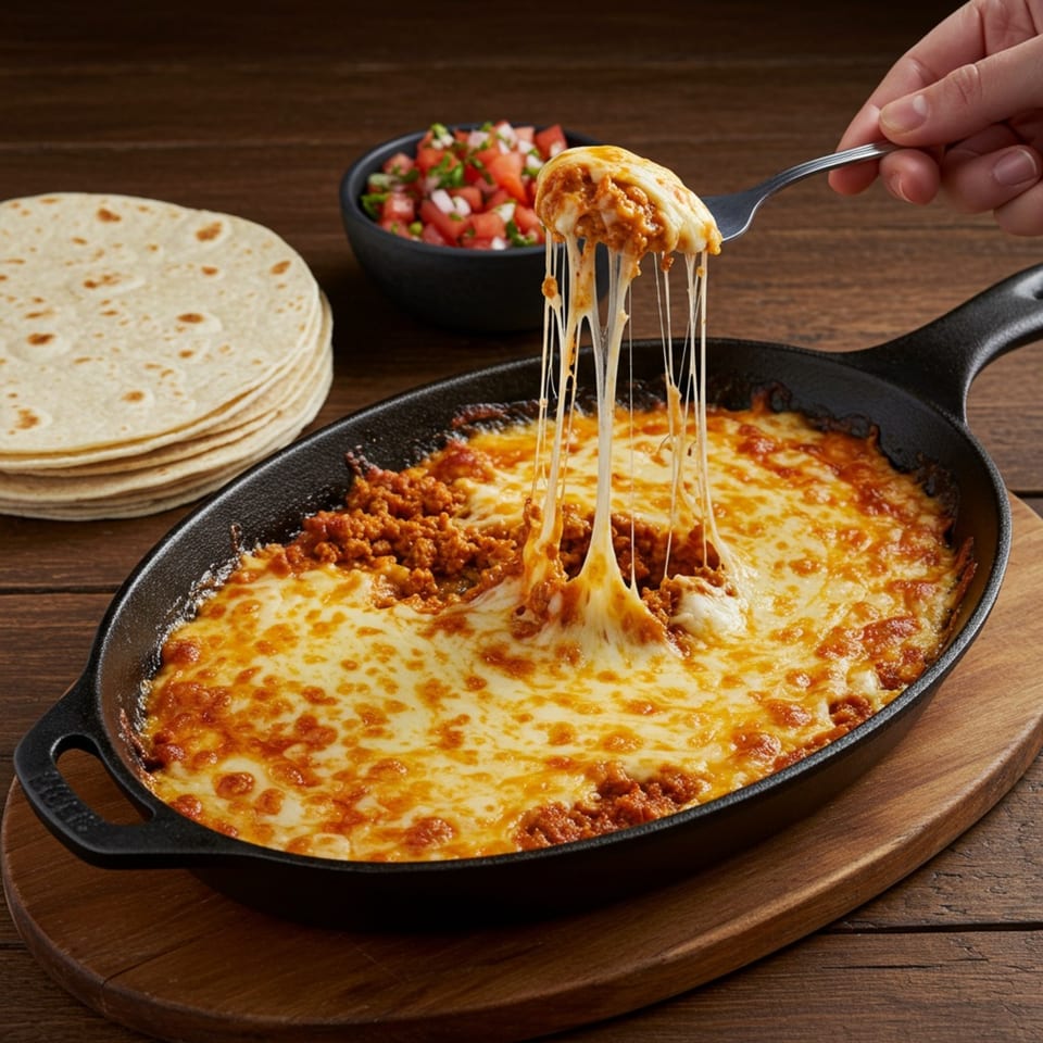 A hand uses a fork to pull stringy cheese from a skillet of melted cheese and chorizo.