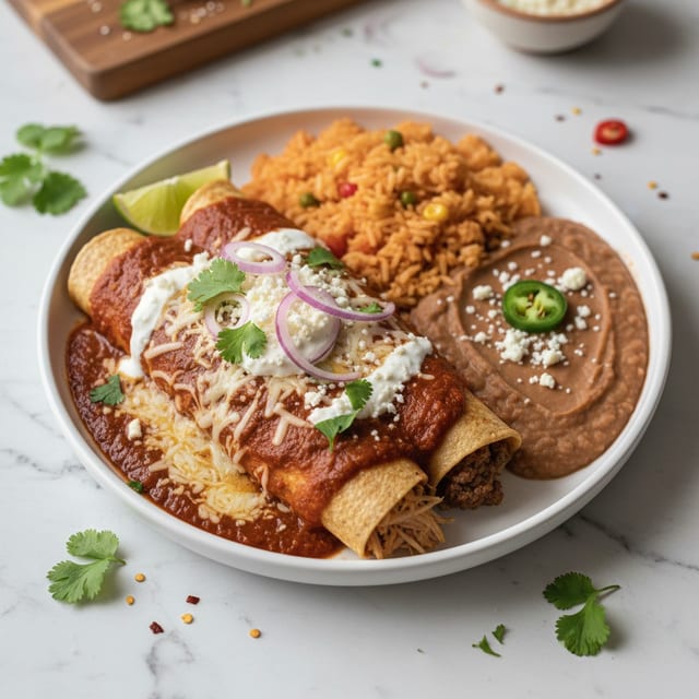 5. Two Enchiladas, Rice and Refried Beans Combo.