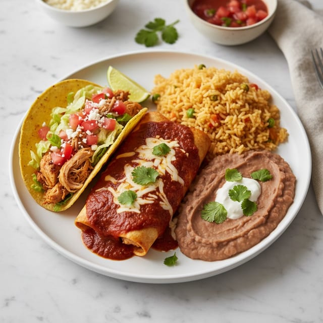 6. Taco, Enchilada, Rice and Refried Beans Combo.